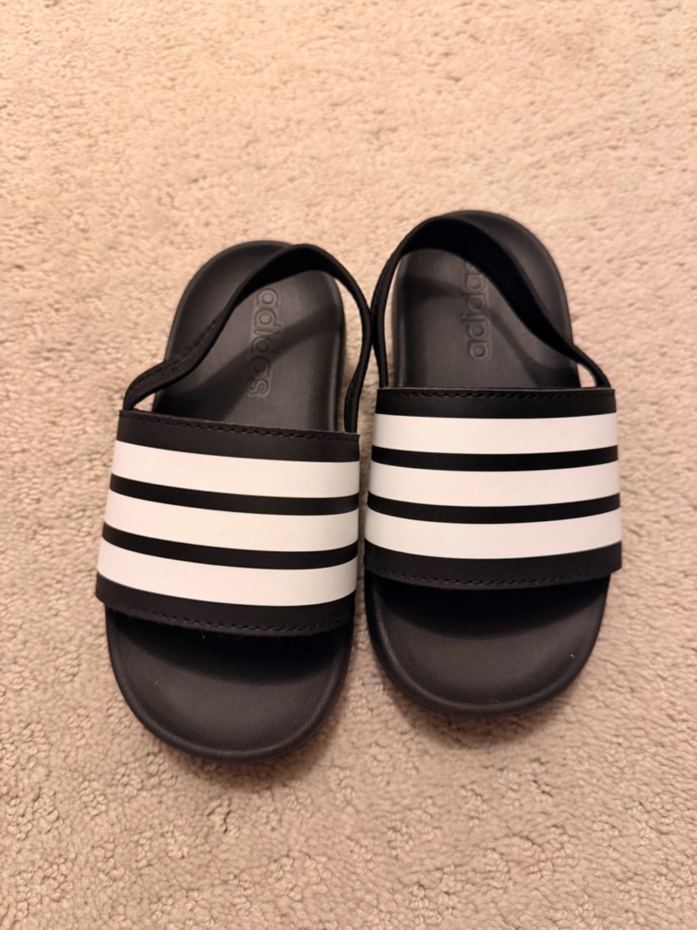 adidas Kids Black Sandals with White Stripe Bands
